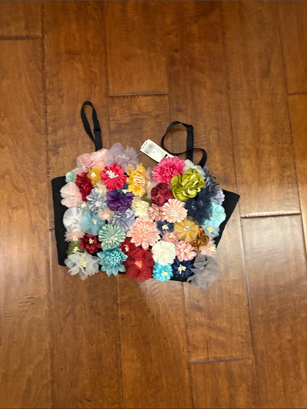 Floral Appliqué Crop Top - Multicolor Flowers on Black